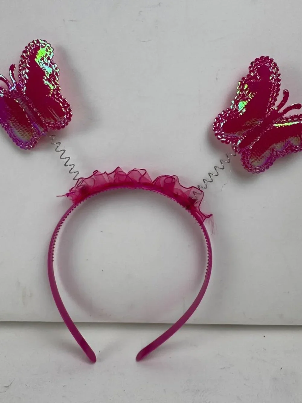 Pink Iridescent Butterfly Spring Bopper Headband Fairy Costume Ruffle